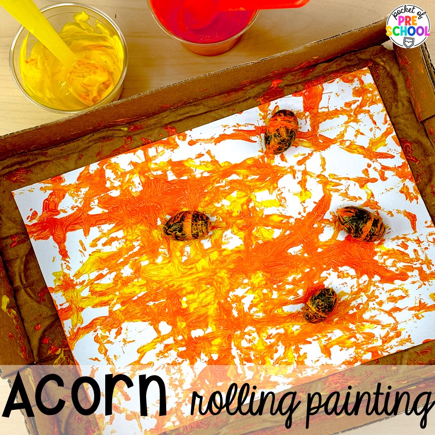 Acorn rolling art plus 18 more fall process art activities for preschool, pre-k, and kindergarten students.