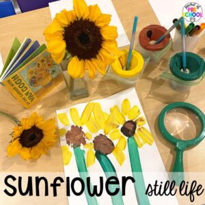 Sunflower still life art plus 18 more fall process art activities for preschool, pre-k, and kindergarten students.