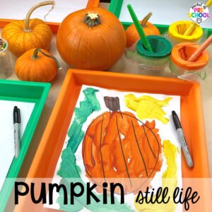 Pumpkin still life art plus 18 more fall process art activities for preschool, pre-k, and kindergarten students.