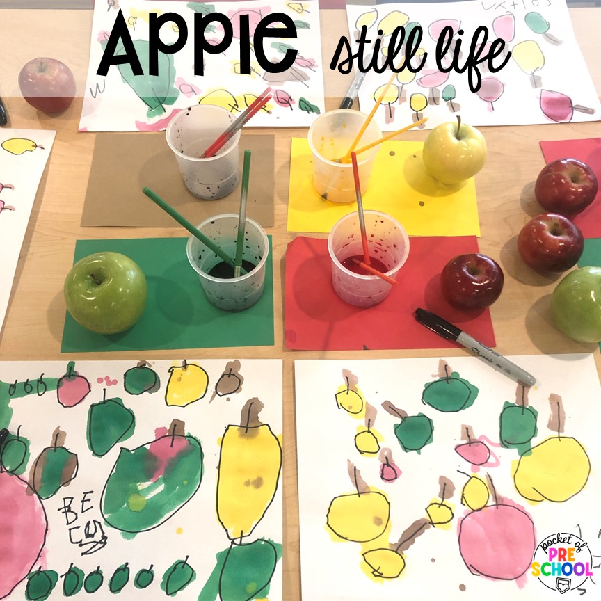 Apple still life art plus 18 more fall process art activities for preschool, pre-k, and kindergarten students.