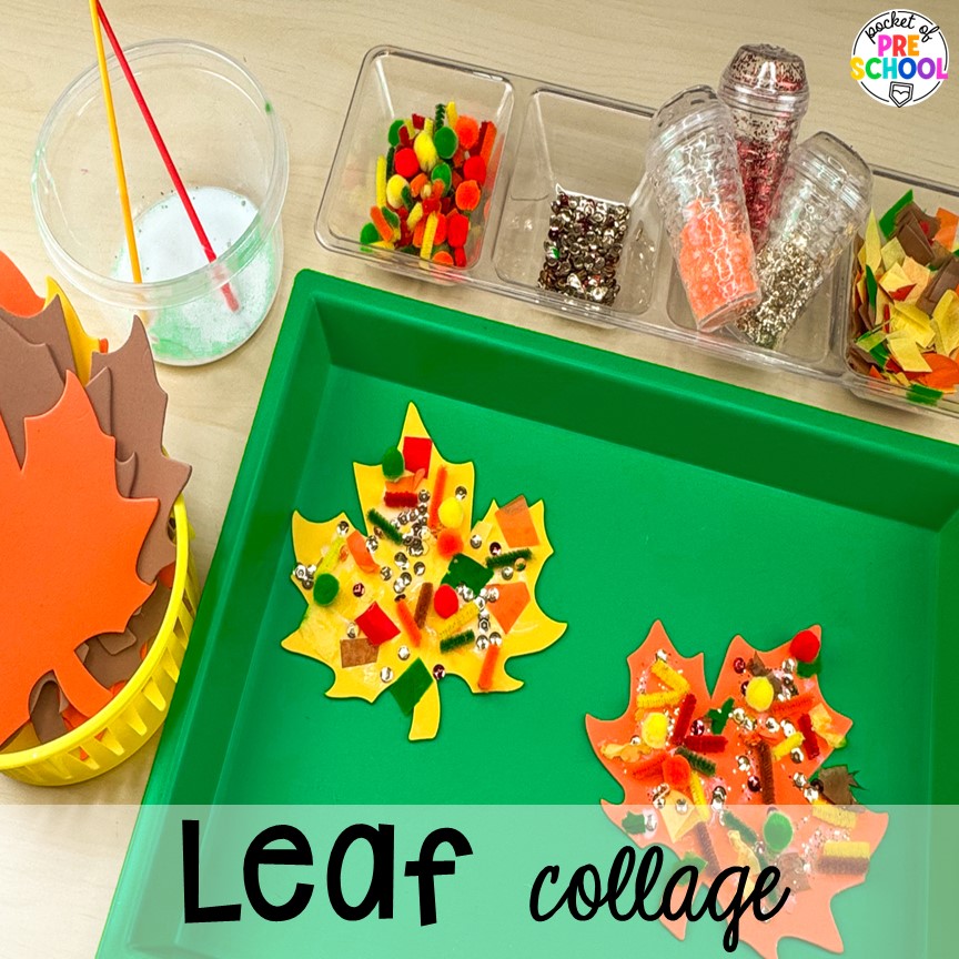 Leaf collage plus 18 more fall process art activities for preschool, pre-k, and kindergarten students.