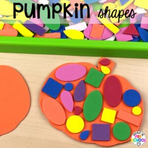 Pumpkin shapes collage plus 18 more fall process art activities for preschool, pre-k, and kindergarten students.
