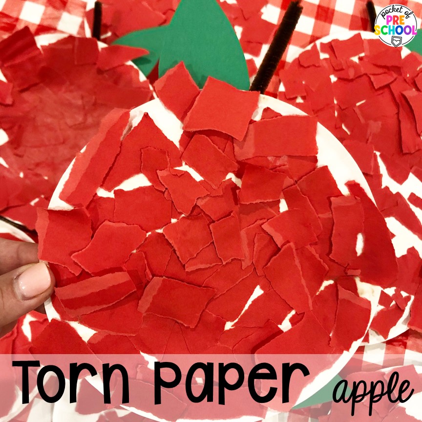 Torn paper apple collage plus 18 more fall process art activities for preschool, pre-k, and kindergarten students.