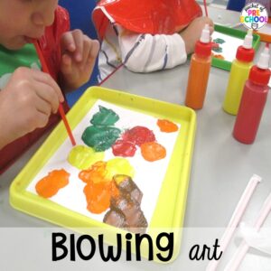 Paint blowing art plus 18 more fall process art activities for preschool, pre-k, and kindergarten students.