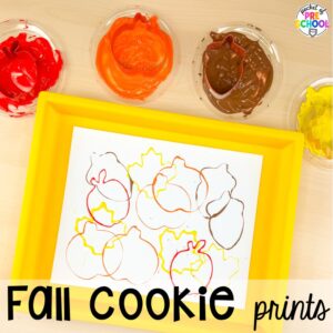 Fall cookie cutter prints plus 18 more fall process art activities for preschool, pre-k, and kindergarten students.