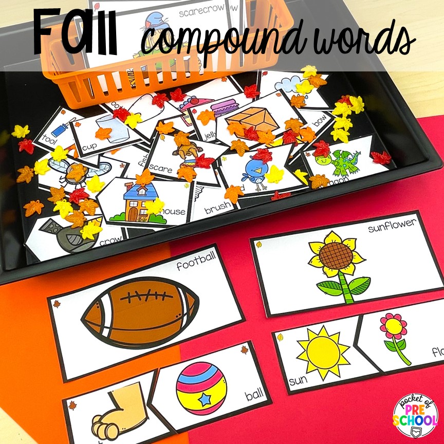 Fall compound words plus Fall math, literacy, fine motor, art, sensory, and dramatic play activities for your preschool, pre-k, and kindergarten classroom.