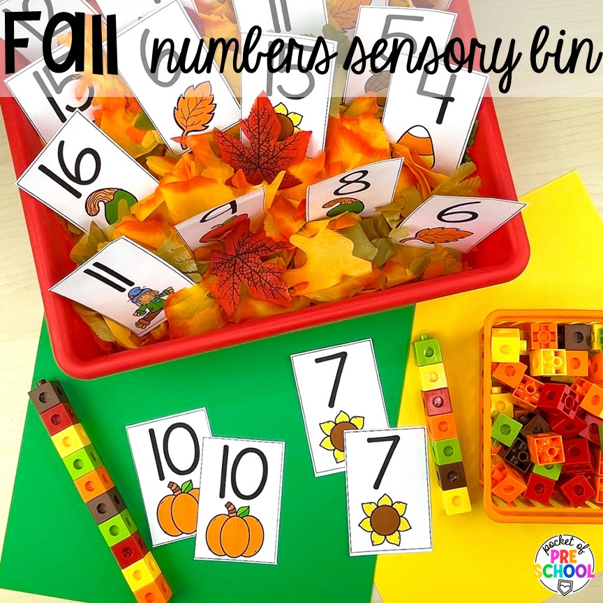 Fall numbers sensory bin plus Fall math, literacy, fine motor, art, sensory, and dramatic play activities for your preschool, pre-k, and kindergarten classroom.