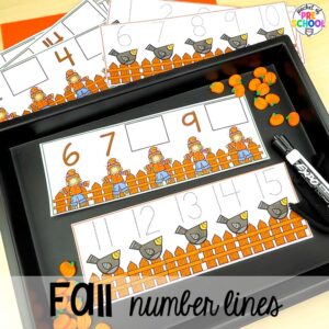 Fall number lines plus Fall math, literacy, fine motor, art, sensory, and dramatic play activities for your preschool, pre-k, and kindergarten classroom.
