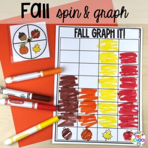 Fall spin and graph plus Fall math, literacy, fine motor, art, sensory, and dramatic play activities for your preschool, pre-k, and kindergarten classroom.