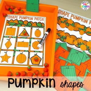 Pumpkin shapes plus Fall math, literacy, fine motor, art, sensory, and dramatic play activities for your preschool, pre-k, and kindergarten classroom.