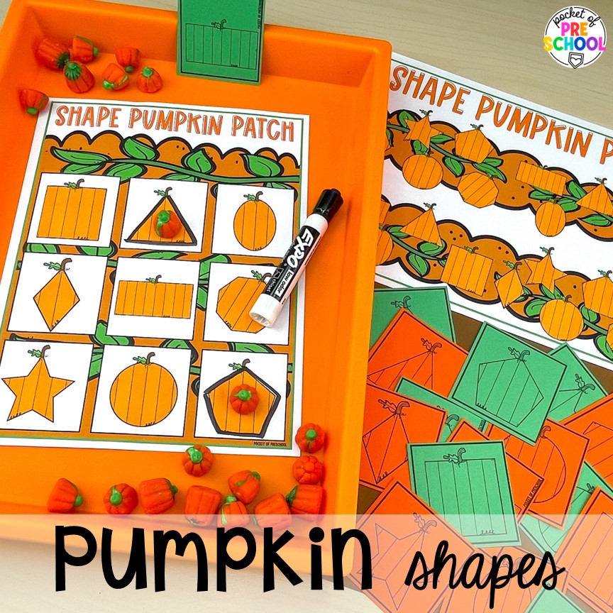 Pumpkin shapes plus Fall math, literacy, fine motor, art, sensory, and dramatic play activities for your preschool, pre-k, and kindergarten classroom.