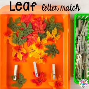 Leaf letter match activity plus Fall math, literacy, fine motor, art, sensory, and dramatic play activities for your preschool, pre-k, and kindergarten classroom.