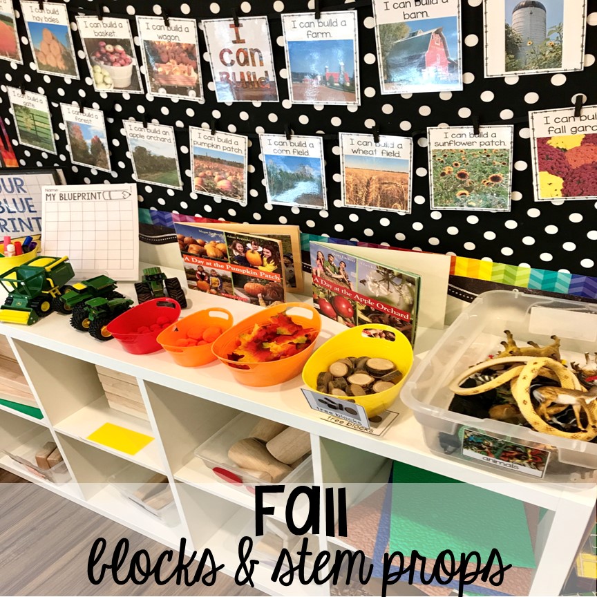 Fall blocks and STEM props plus Fall math, literacy, fine motor, art, sensory, and dramatic play activities for your preschool, pre-k, and kindergarten classroom.