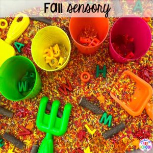 Fall sensory plus Fall math, literacy, fine motor, art, sensory, and dramatic play activities for your preschool, pre-k, and kindergarten classroom.