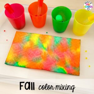 Fall coloring mixing plus Fall math, literacy, fine motor, art, sensory, and dramatic play activities for your preschool, pre-k, and kindergarten classroom.