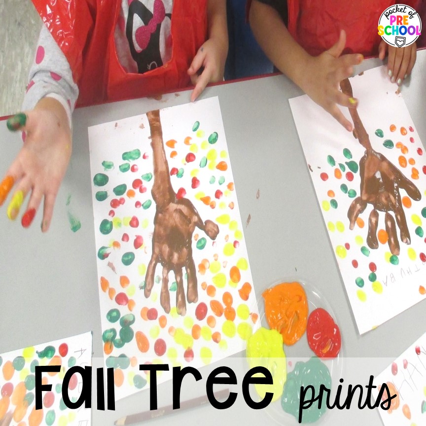 Fall tree prints plus Fall math, literacy, fine motor, art, sensory, and dramatic play activities for your preschool, pre-k, and kindergarten classroom.