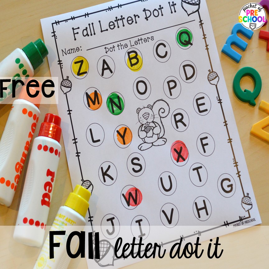 Leaf letter dot it activity plus Fall math, literacy, fine motor, art, sensory, and dramatic play activities for your preschool, pre-k, and kindergarten classroom.