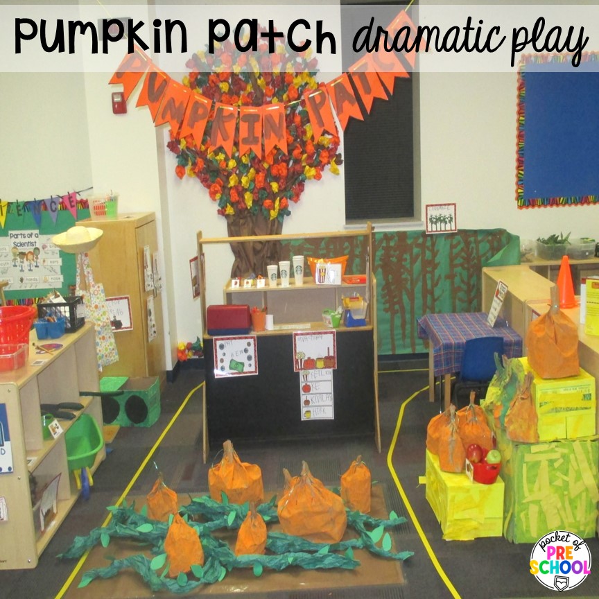 Pumpkin patch dramatic play plus Fall math, literacy, fine motor, art, sensory, and dramatic play activities for your preschool, pre-k, and kindergarten classroom.