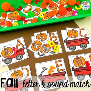 Leaf letter and sound match plus Fall math, literacy, fine motor, art, sensory, and dramatic play activities for your preschool, pre-k, and kindergarten classroom.
