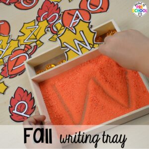 Fall writing tray plus Fall math, literacy, fine motor, art, sensory, and dramatic play activities for your preschool, pre-k, and kindergarten classroom.