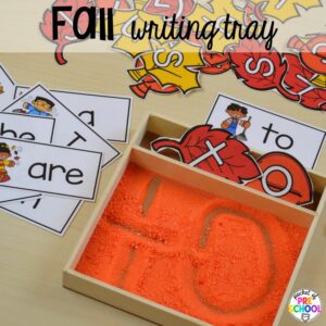 Fall sight word writing tray plus Fall math, literacy, fine motor, art, sensory, and dramatic play activities for your preschool, pre-k, and kindergarten classroom.