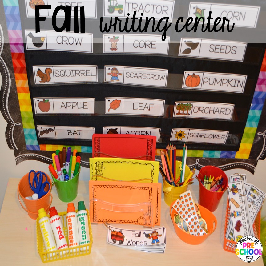 Fall writing center plus Fall math, literacy, fine motor, art, sensory, and dramatic play activities for your preschool, pre-k, and kindergarten classroom.