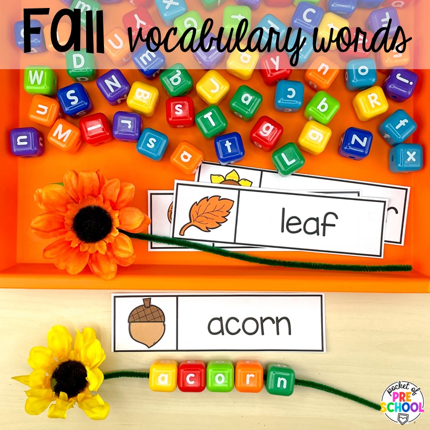 Fall vocabulary words plus Fall math, literacy, fine motor, art, sensory, and dramatic play activities for your preschool, pre-k, and kindergarten classroom.