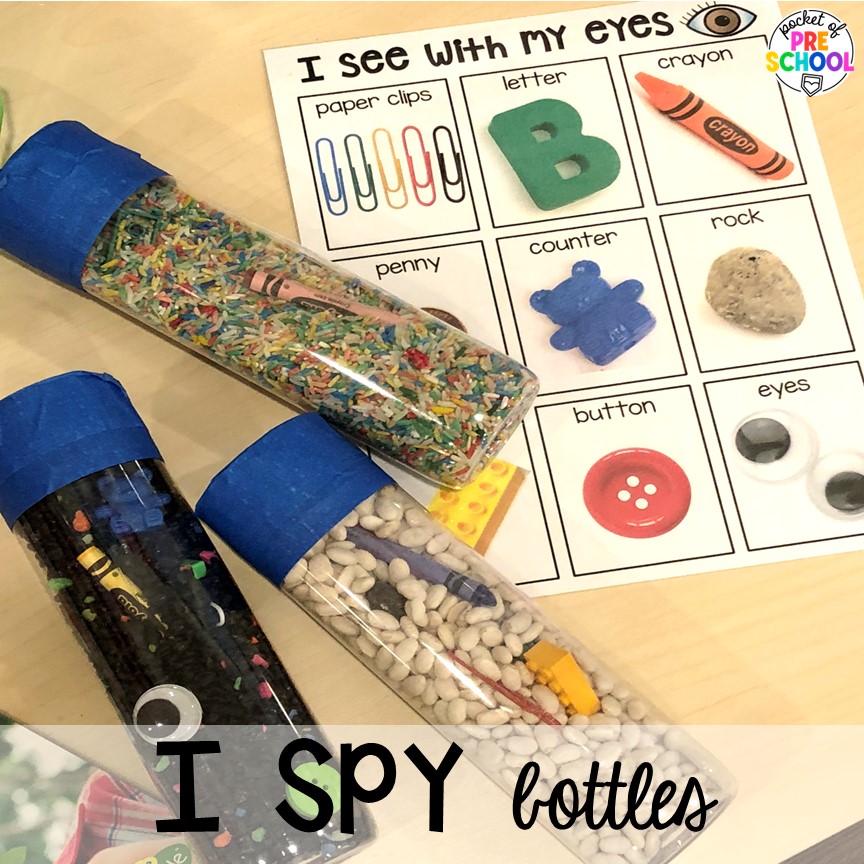 I spy bottles! Explore 28 hands-on 5 senses activities and centers for preschool, pre-k, and kindergarten students.
