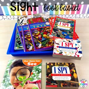 Sight book basket! Explore 28 hands-on 5 senses activities and centers for preschool, pre-k, and kindergarten students.