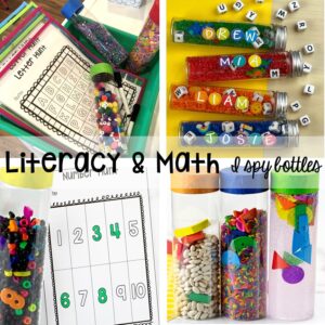 Literacy and math I spy bottles! Explore 28 hands-on 5 senses activities and centers for preschool, pre-k, and kindergarten students.