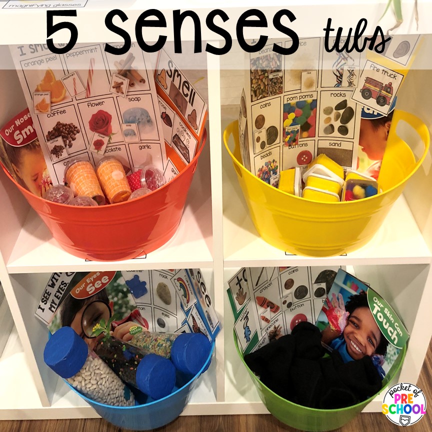 5 senses tubs! Explore 28 hands-on 5 senses activities and centers for preschool, pre-k, and kindergarten students.