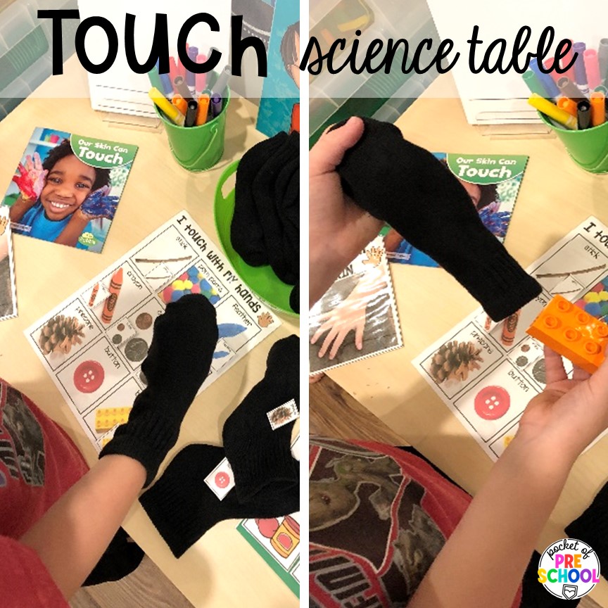 Touch science table! Explore 28 hands-on 5 senses activities and centers for preschool, pre-k, and kindergarten students.