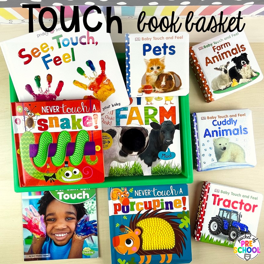Touch book basket! Explore 28 hands-on 5 senses activities and centers for preschool, pre-k, and kindergarten students.