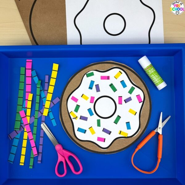 Donut cutting craftivity plus tons more sweets/bakery math and literacy ideas for preschool, pre-k, and kindergarten.
