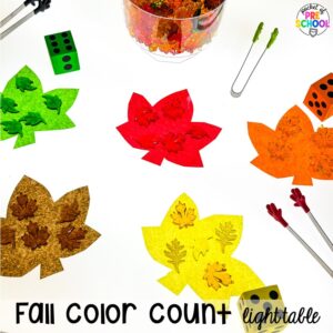 Fall color counting activity plus Fall Light Table Activities designed for preschool, pre-k, and kindergarten students to learn and develop in a hands-on way.