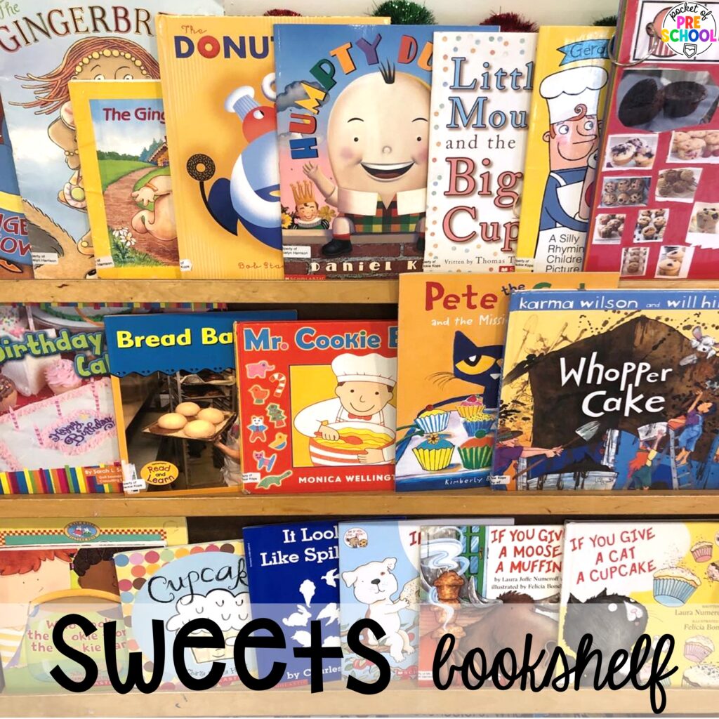 Sweets book list plus more sweets activities and centers designed for preschool, pre-k, and kindergarten. These are perfect for a holiday, bakery, or sweet treat theme.