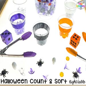 Halloween count & sort activity plus Fall Light Table Activities designed for preschool, pre-k, and kindergarten students to learn and develop in a hands-on way.