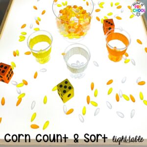Corn count & sort activity plus Fall Light Table Activities designed for preschool, pre-k, and kindergarten students to learn and develop in a hands-on way.