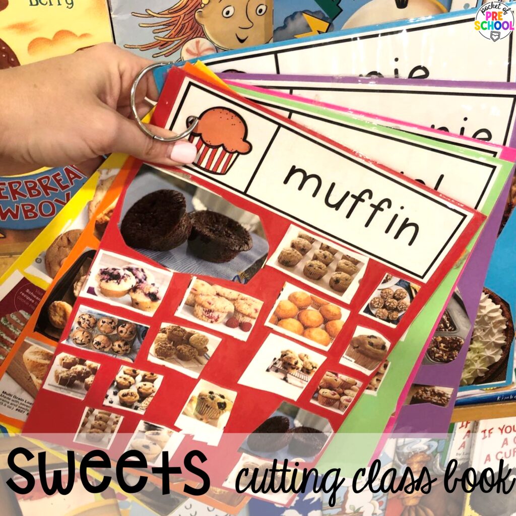 Sweets cutting class book plus more sweets activities and centers designed for preschool, pre-k, and kindergarten. These are perfect for a holiday, bakery, or sweet treat theme.