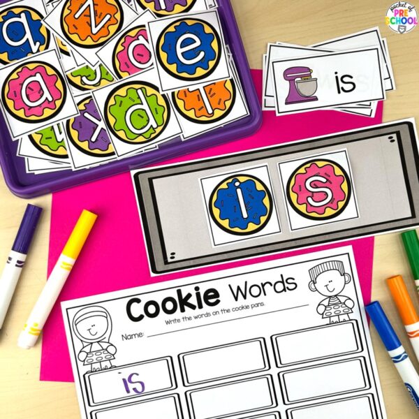 Cookie words and letters plus tons more sweets/bakery math and literacy ideas for preschool, pre-k, and kindergarten.