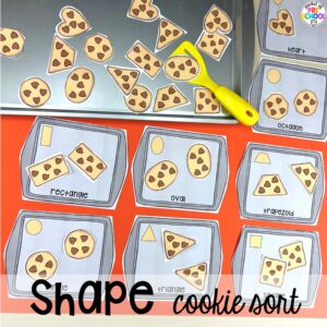 Shape cookie sort plus more baking activities and centers designed for preschool, pre-k, and kindergarten. These are perfect for a holiday, bakery, or sweet treat theme.