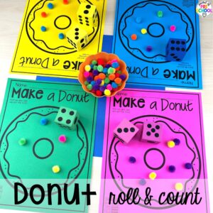 Donut roll and count plus more sweets activities and centers designed for preschool, pre-k, and kindergarten. These are perfect for a holiday, bakery, or sweet treat theme.