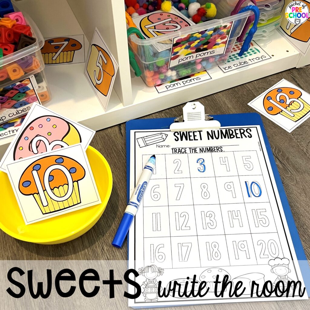Sweets write the room plus more baking activities and centers designed for preschool, pre-k, and kindergarten. These are perfect for a holiday, bakery, or sweet treat theme.
