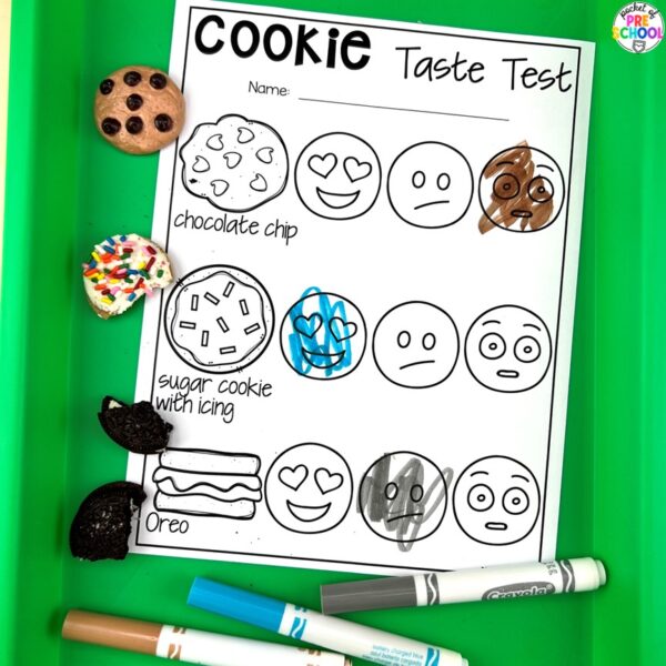 Cookie taste test plus tons more sweets/bakery math and literacy ideas for preschool, pre-k, and kindergarten.