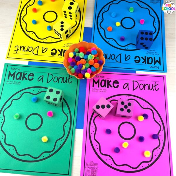 Donut count or add plus tons more sweets/bakery math and literacy ideas for preschool, pre-k, and kindergarten.