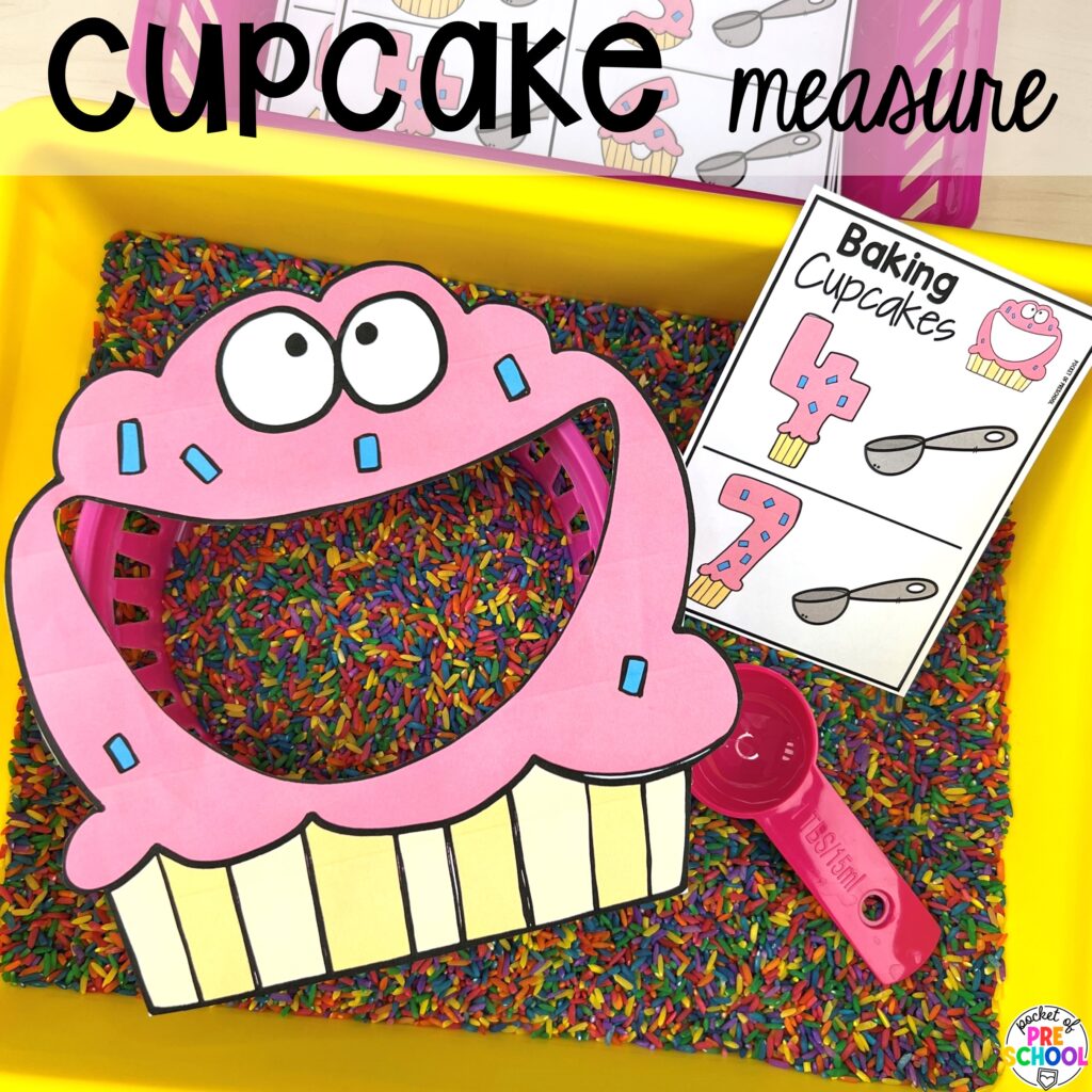 Cupcake measure plus more baking activities and centers designed for preschool, pre-k, and kindergarten. These are perfect for a holiday, bakery, or sweet treat theme.