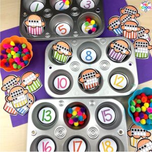 Muffin tin numbers plus tons more sweets/bakery math and literacy ideas for preschool, pre-k, and kindergarten.