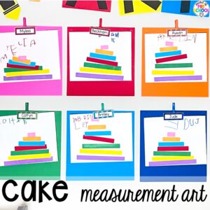 Cake measurement art plus more sweets activities and centers designed for preschool, pre-k, and kindergarten. These are perfect for a holiday, bakery, or sweet treat theme.