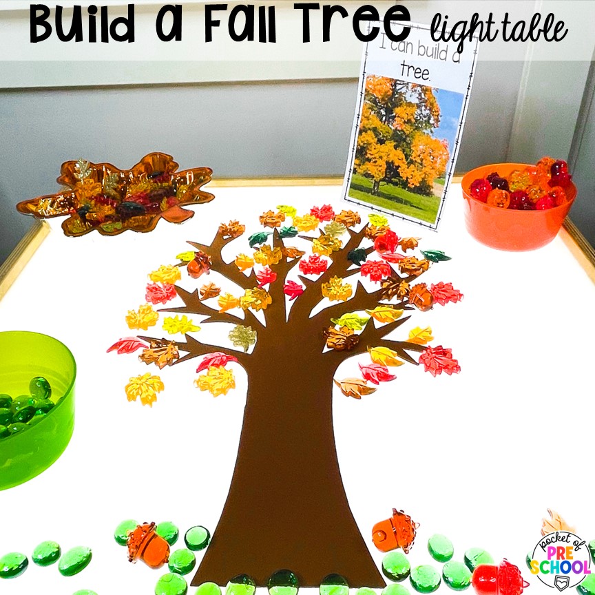 Build a fall tree activity plus Fall Light Table Activities designed for preschool, pre-k, and kindergarten students to learn and develop in a hands-on way.