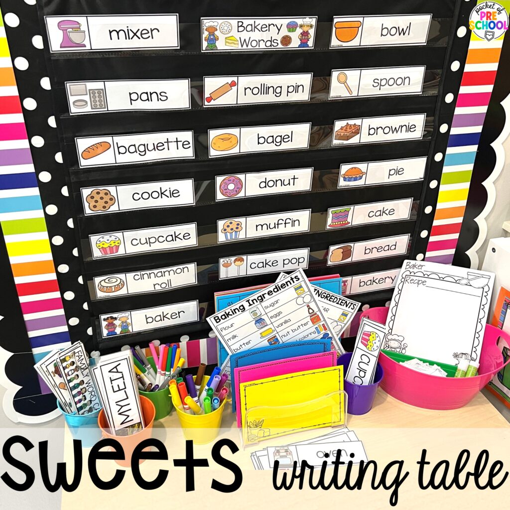 Sweets writing table plus more baking activities and centers designed for preschool, pre-k, and kindergarten. These are perfect for a holiday, bakery, or sweet treat theme.